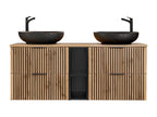 Double vanity unit 140cm with 2 niches and tall cabinet in wood and black - Black basin GBQD46466