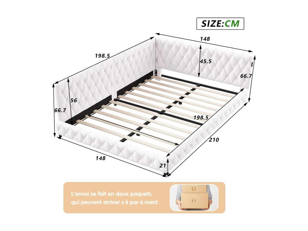 Multifunctional upholstered bed 140x200 cm – Sofa bed with LED lighting and USB port, ideal for guest rooms - Beige WZJE46012