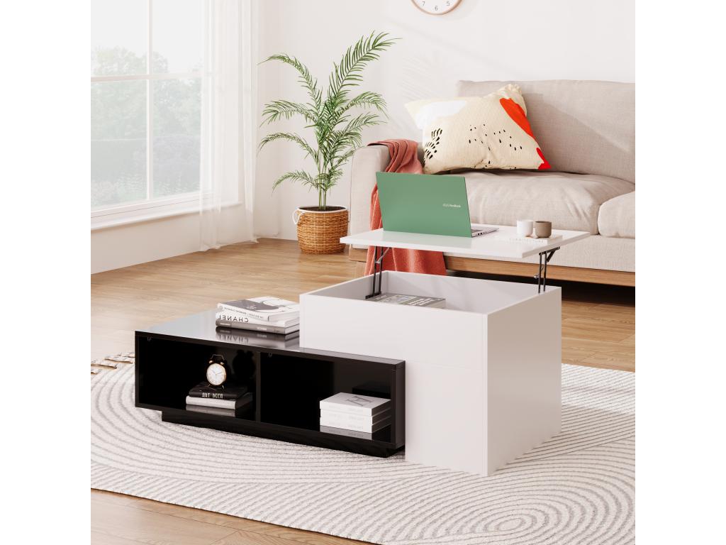 Combined coffee table with lift-top and compartments - Particleboard - Black and white BTQJ86330