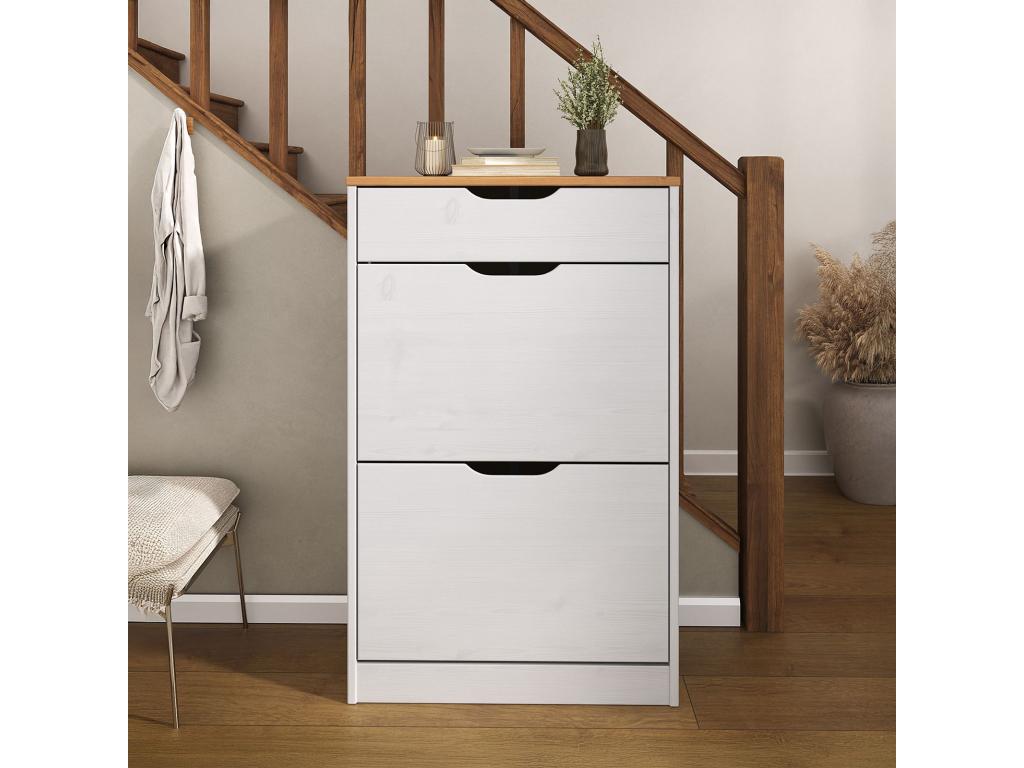 Shoe cabinet storage unit with 2 drop-down doors and 1 drawer in solid pine, white and brown stained finish CZDC48193