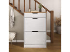 Shoe cabinet storage unit with 2 drop-down doors and 1 drawer in solid pine, white and brown stained finish CZDC48193