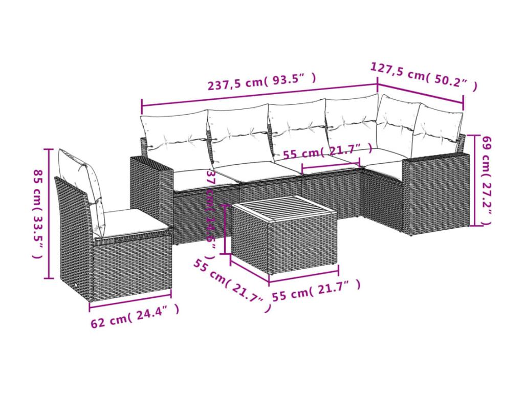 7-piece garden furniture set with cushions, beige woven resin YFJH88867