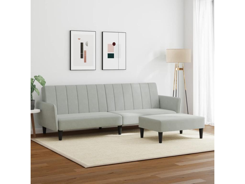 WALZ95492 2-seater sofa bed with footrest, light grey velvet