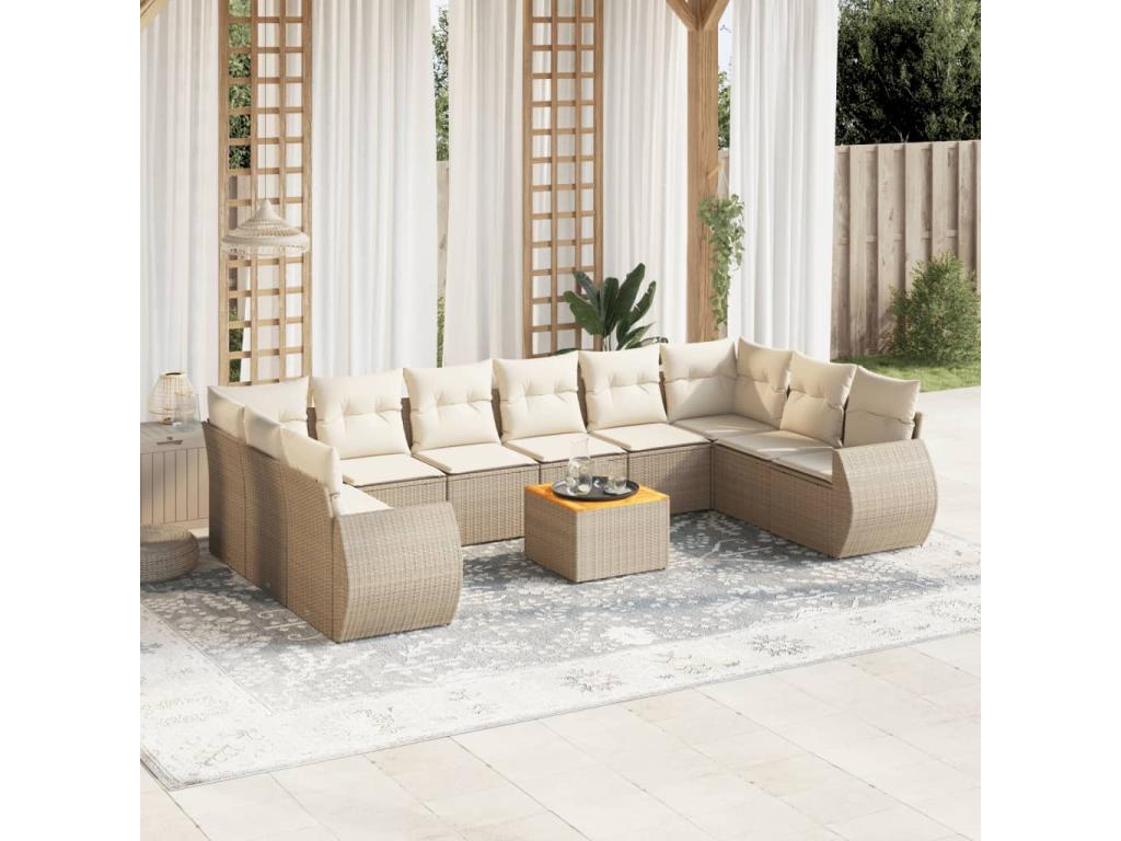 11-piece garden furniture set with beige cushions, woven resin, VIGV07382
