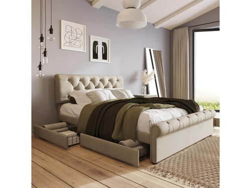 Bed frame, upholstered bed, height-adjustable headboard, Lysvia Natural functional bed 140x200cm with 4 drawers (mattress not included) PVQT36717