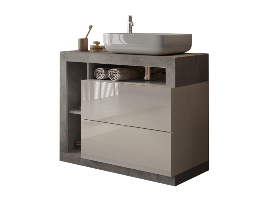 Dormeva bathroom vanity unit with 2 drawers and washbasin, glossy white concrete finish, 92x79x49 cm, VFFV83940