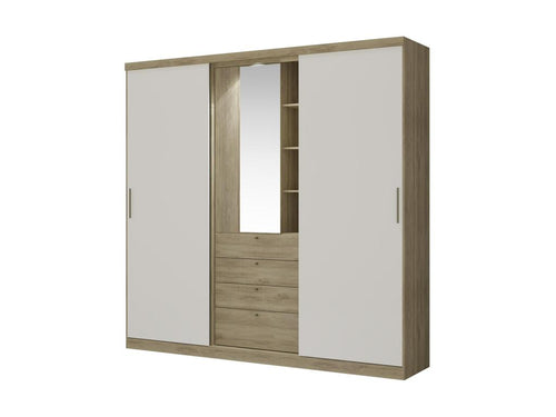 Wardrobe with 2 sliding doors - Mirror and drawers - W240cm - Natural and ivory color - II YDVG85141