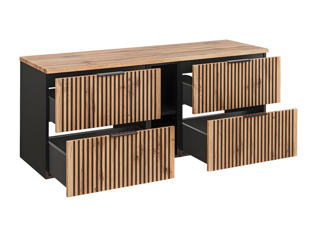 Double vanity unit 140cm with 2 niches and tall cabinet in wood and black - Black basin GBQD46466