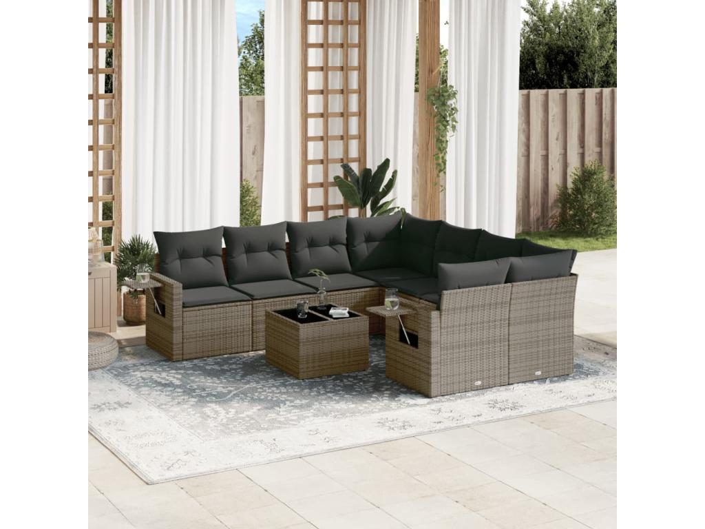 9-piece garden furniture set with grey resin wicker cushions UKHJ93025