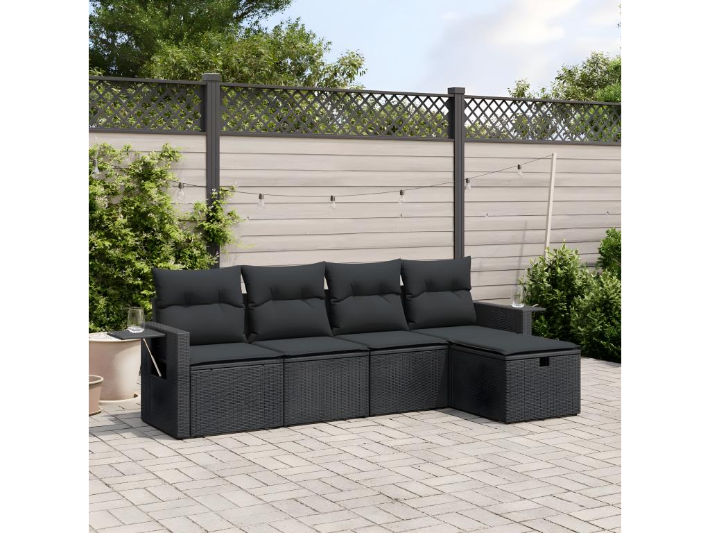 5-piece garden furniture set with cushions, black woven resin DFCC00396