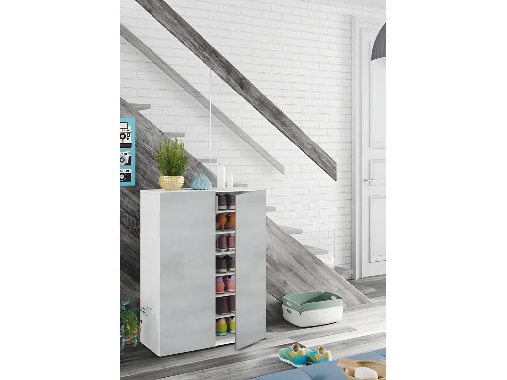Shoe cabinet with 6 shelves, matte white/cement finish - Height 103 x Length 72 x Depth 36 cm DRVS27968