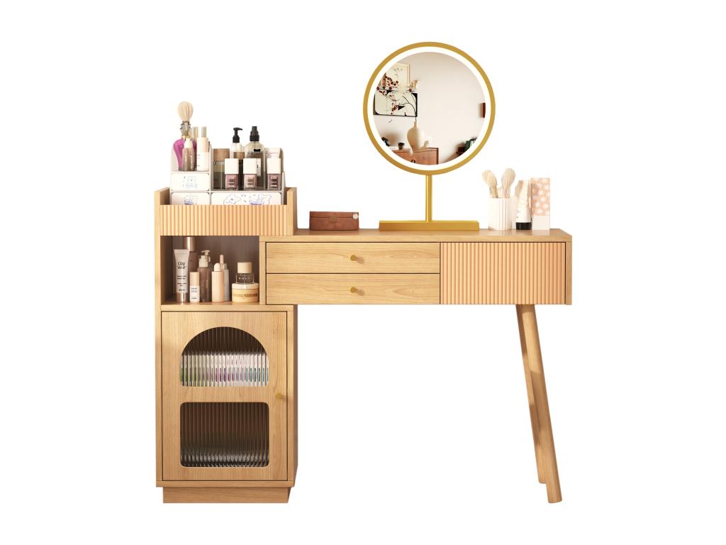 Dressing table with LED mirror, 3 drawers and side cabinet - Particleboard - Natural EPYZ69592