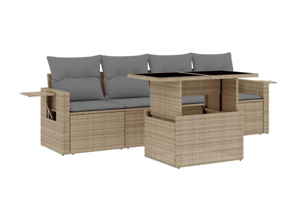5-piece garden furniture set with cushions, beige woven resin CQNC69685
