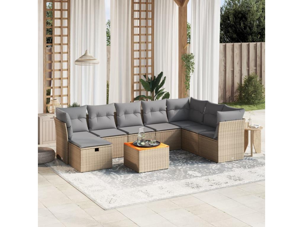 9-piece garden furniture set with cushions, méLysvia beige woven resin SYST42393