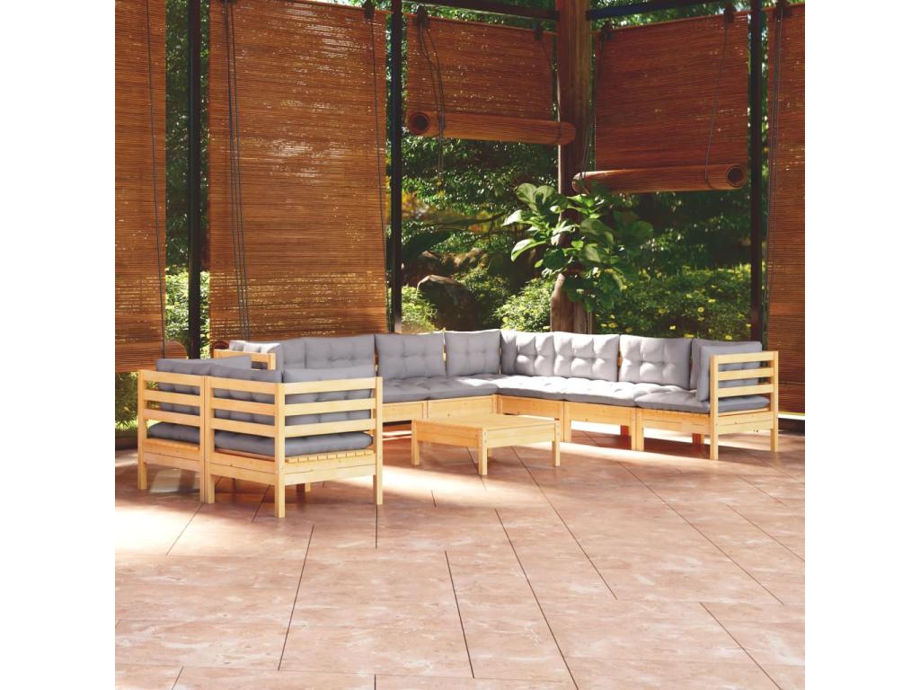 10-piece garden furniture set with grey cushions, solid pine wood TYXN13646
