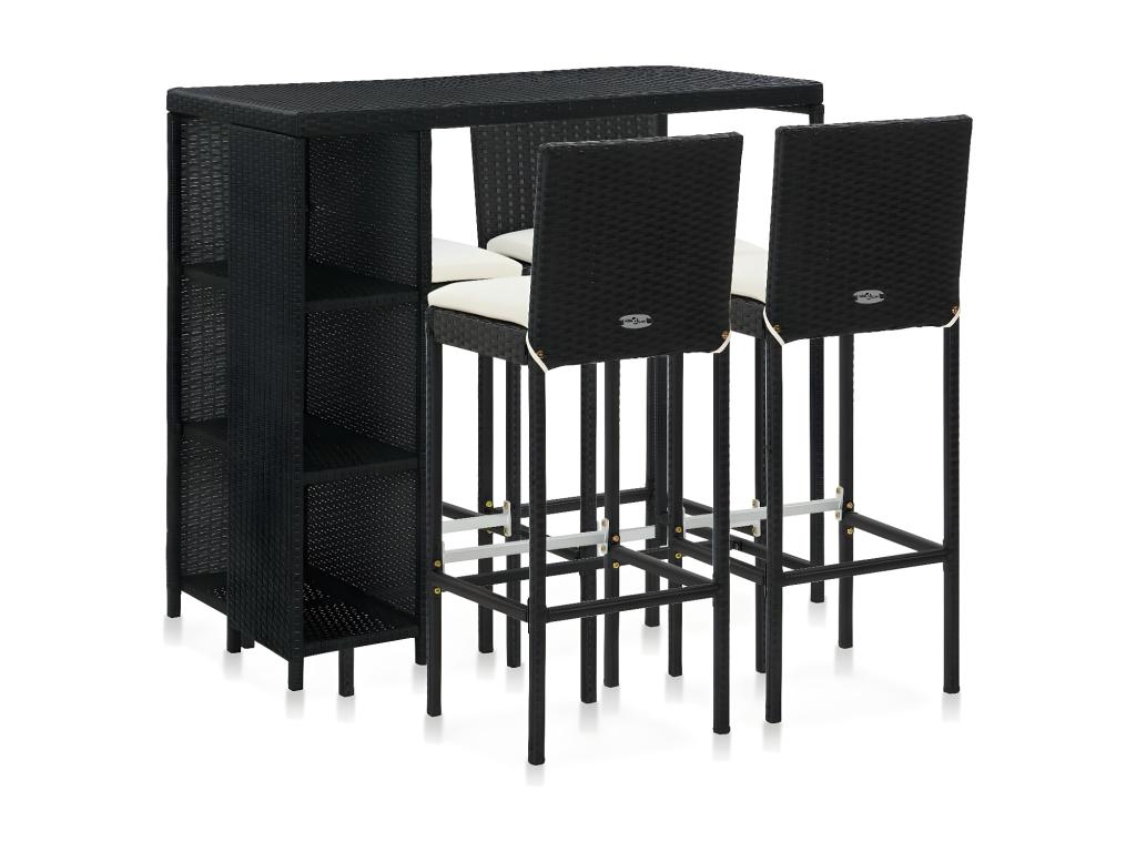 5-piece garden bar set and cushions, black woven resin PXKV67156