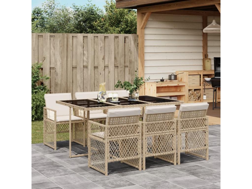 7-piece beige poly rattan garden dining set and cushions WSOS04910