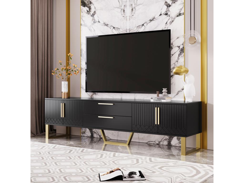 High-gloss black TV stand with engraved pattern, gold handles and legs, 170x40x53cm, BLACK HNVZ67025