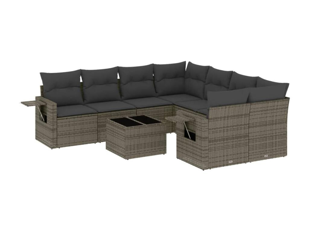 9-piece garden furniture set with grey resin wicker cushions UKHJ93025