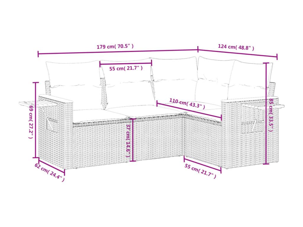 Garden furniture set with cushions, 4 pieces, beige woven resin VSTS12785