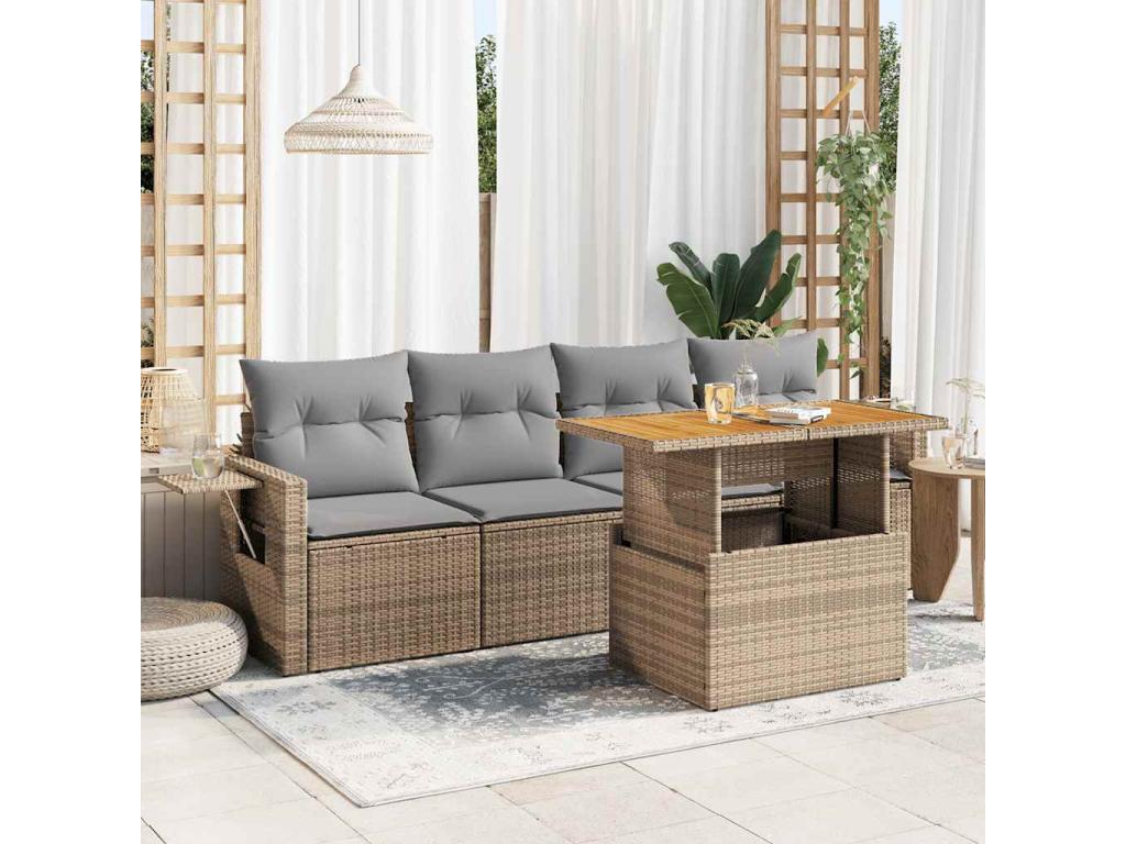 5-piece garden furniture set with cushions, beige woven resin XZGG38165