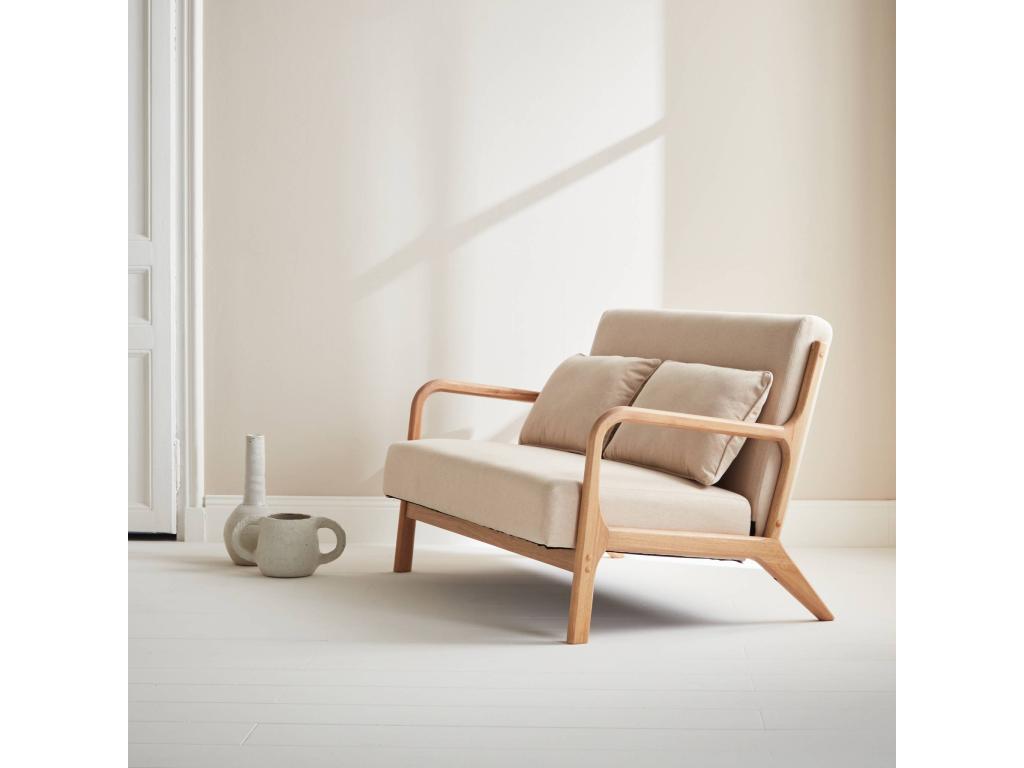 Scandinavian 2-seater bench in wood and beige fabric - Lysvia - W 124 x D 83 x H 77cm MCUP26202