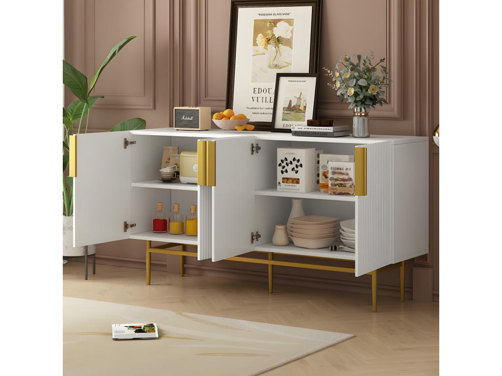 Modern and elegant sideboard - 4 doors with gold metal handles - White Lacquered FNML60014
