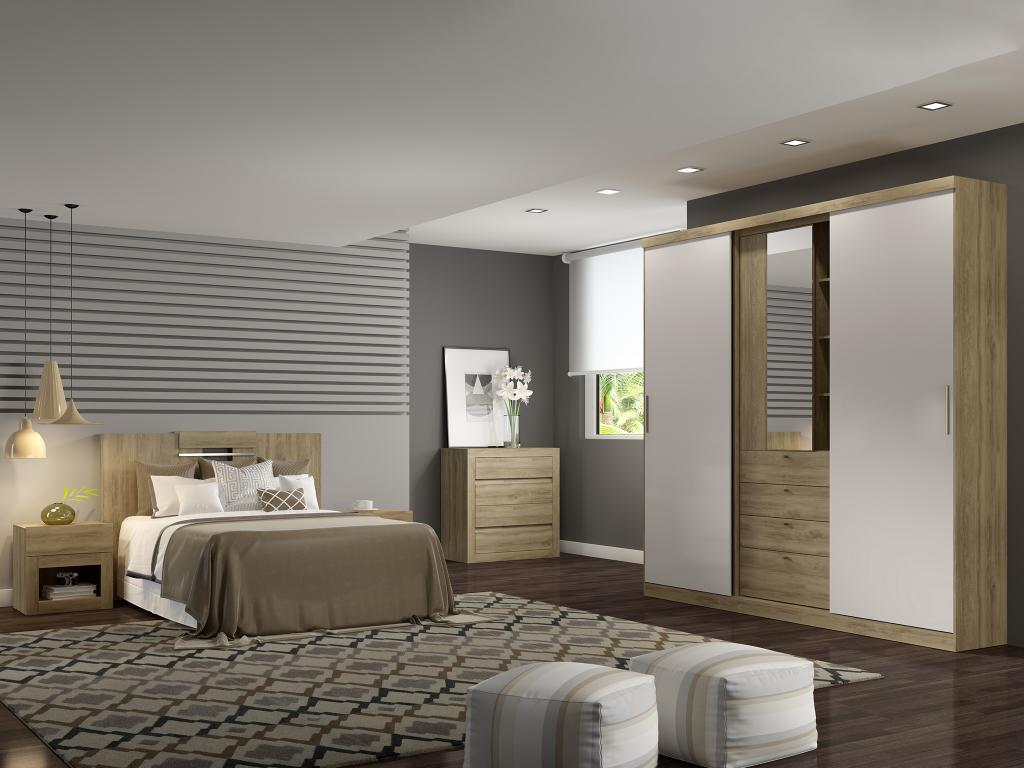 Wardrobe with 2 sliding doors - Mirror and drawers - W240cm - Natural and ivory color - II YDVG85141