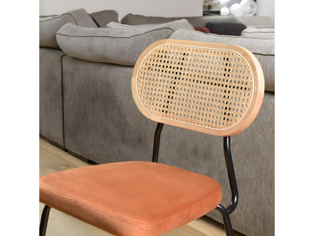 Lysvia - Set of 2 black metal chairs with amber velvet seats and rattan backrests YWQP61684