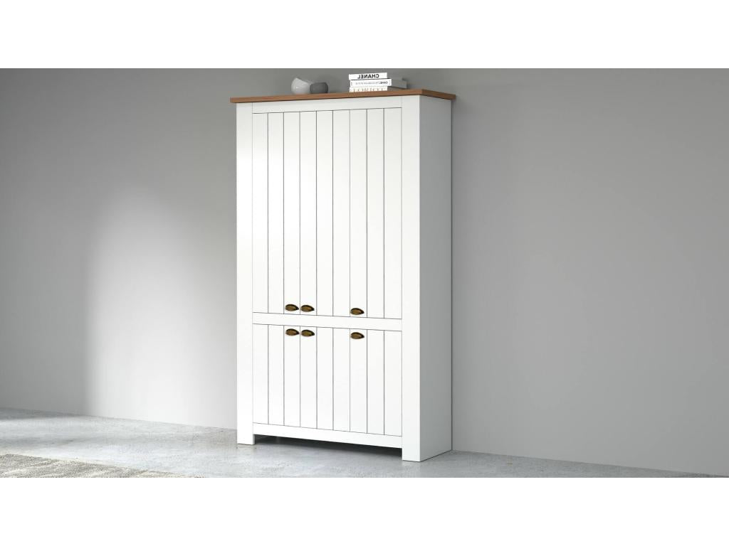 Space-saving shoe rack with 6 doors, multifunctional entryway cabinet, 114x42x200 cm, White and Oak, BFXD31441