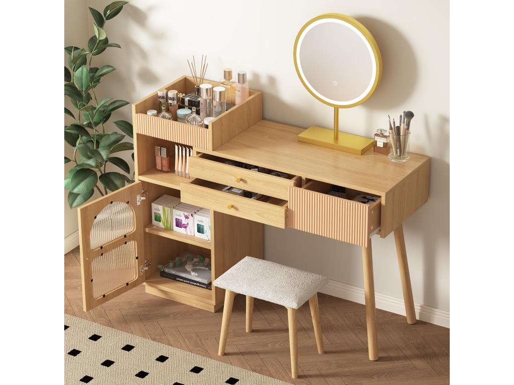 Dressing table with LED mirror, 3 drawers and side cabinet - Particleboard - Natural EPYZ69592