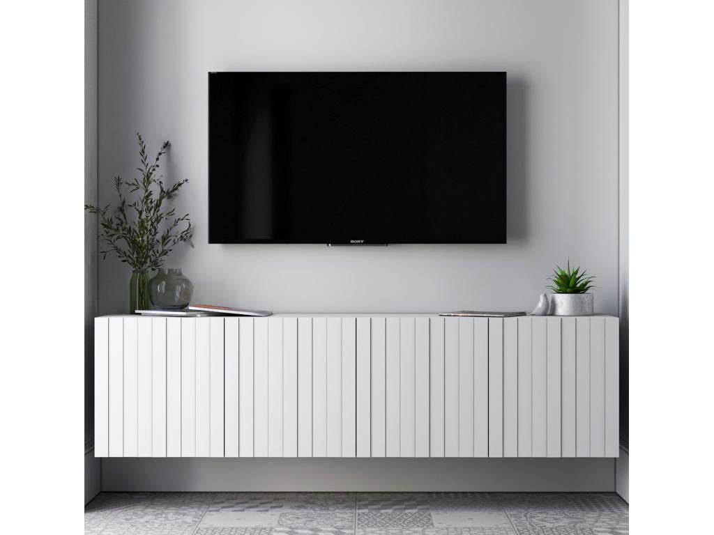 TV stand with 4 doors - Matte white body, matte white grooved fronts - 150 cm IIHF50407