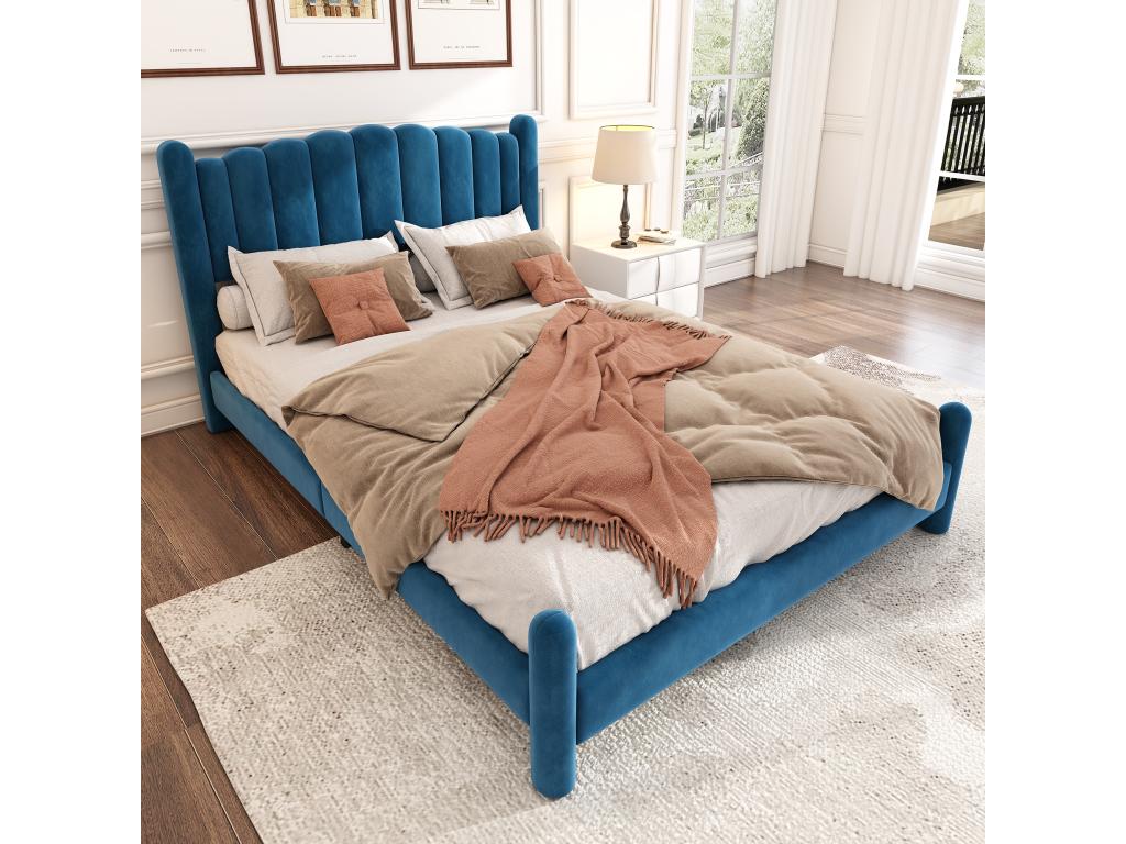 Adult bed upholstered in velvet - 160x200 cm - with slatted base - Lysvia - Blue ISRW74237