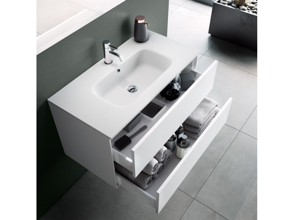 Lysvia L 100cm bathroom vanity unit with 2 drawers in matte white lacquer and LED mirror FAMJ21389