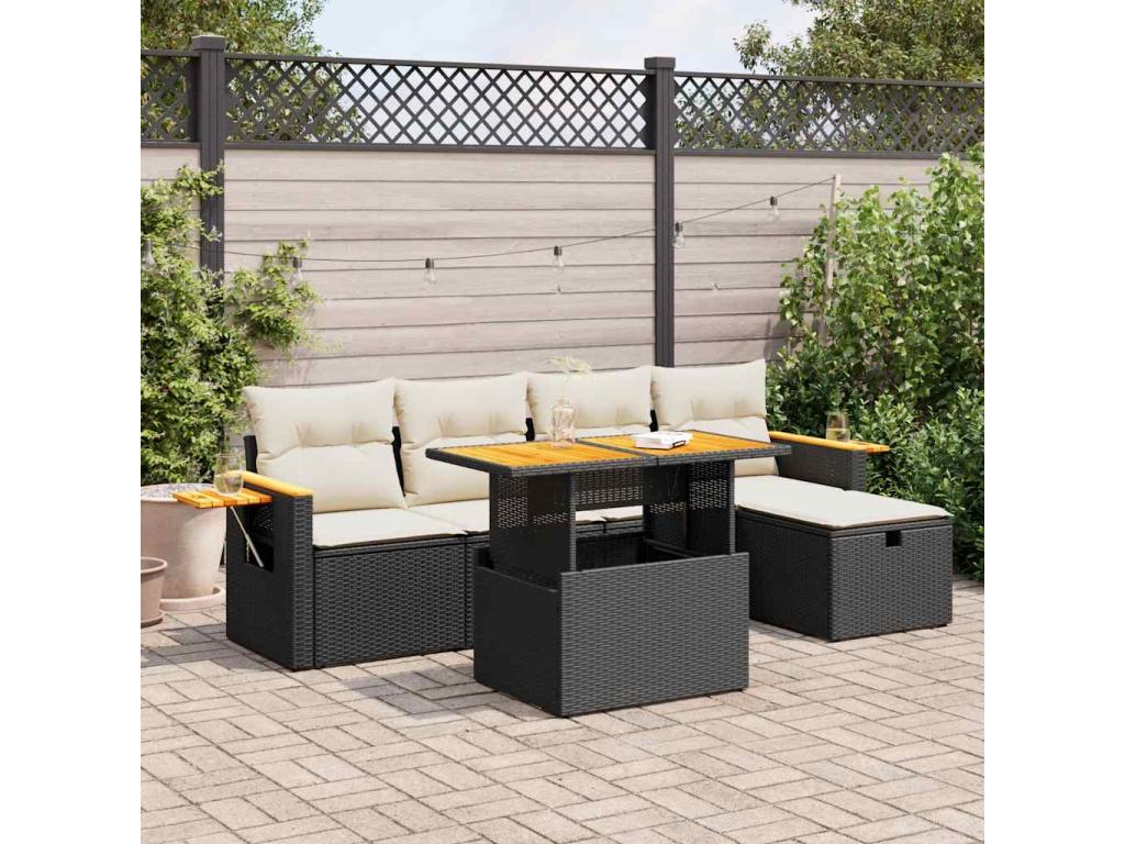 6-piece garden furniture set with cushions, black woven resin FOOO78748