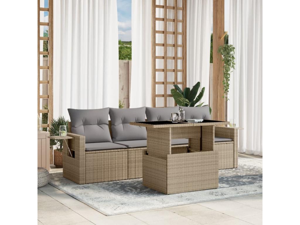 5-piece garden furniture set with cushions, beige woven resin CQNC69685