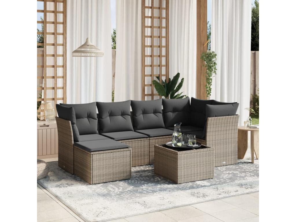 Garden furniture set with cushions, 7 pieces, grey woven resin, SWRT96087