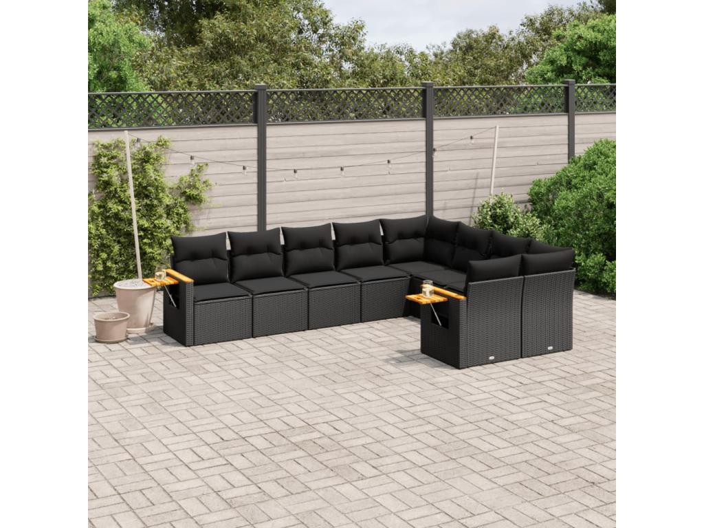 9-piece garden furniture set with cushions, black resin wicker QVEK37345