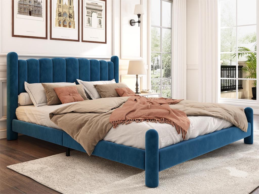 Adult bed upholstered in velvet - 160x200 cm - with slatted base - Lysvia - Blue ISRW74237