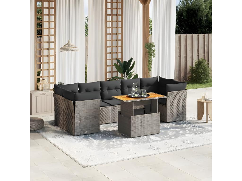 8-piece garden furniture set with grey resin wicker cushions LSMS21358