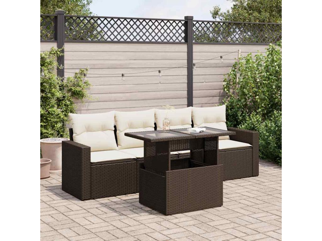 Garden furniture set with cushions, 5 pieces, brown woven resin, SEXH72921
