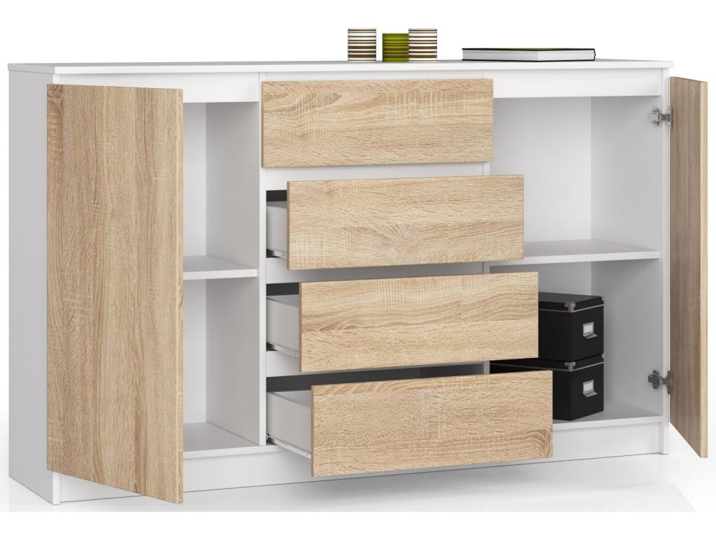 Large Chest of Drawers for Living Room K160 White 160 cm 2 Doors 4 Drawers Oak Front 4 Shelves 160x40x99 cm XYPB40608