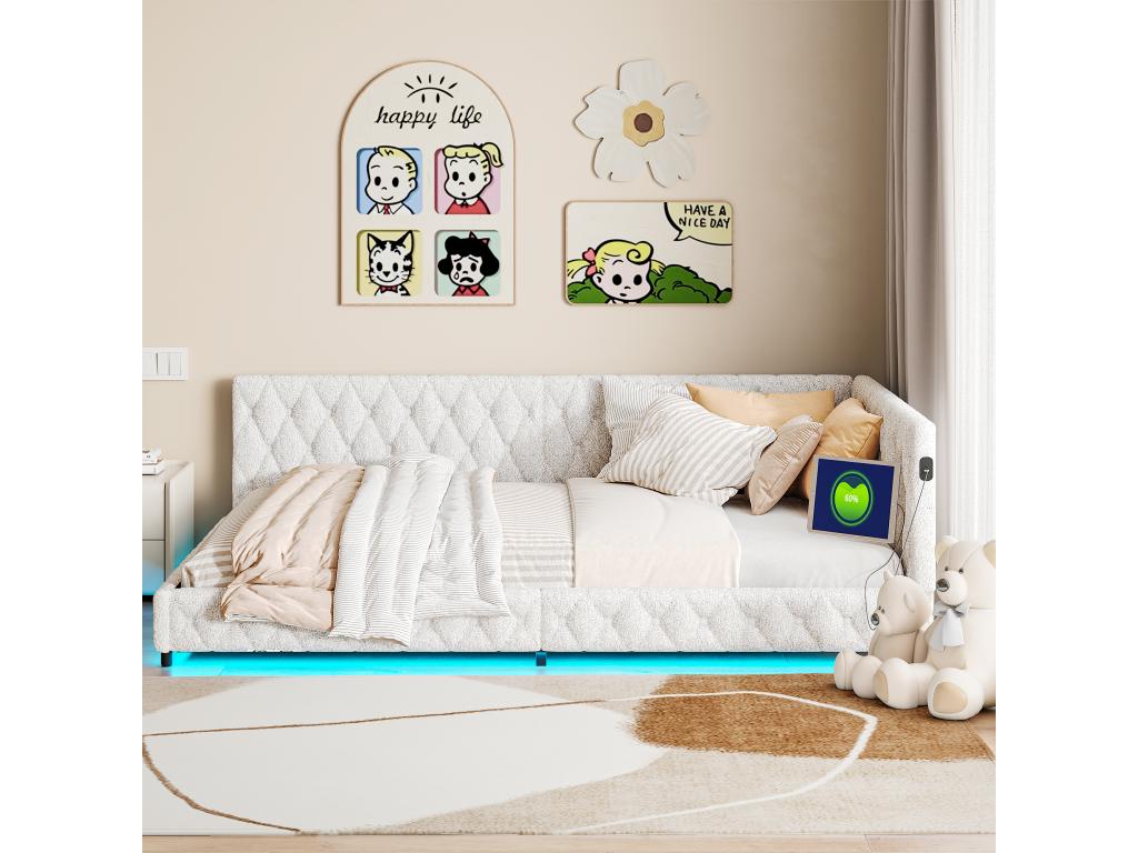 Multifunctional upholstered bed 140x200 cm – Sofa bed with LED lighting and USB port, ideal for guest rooms - Beige WZJE46012