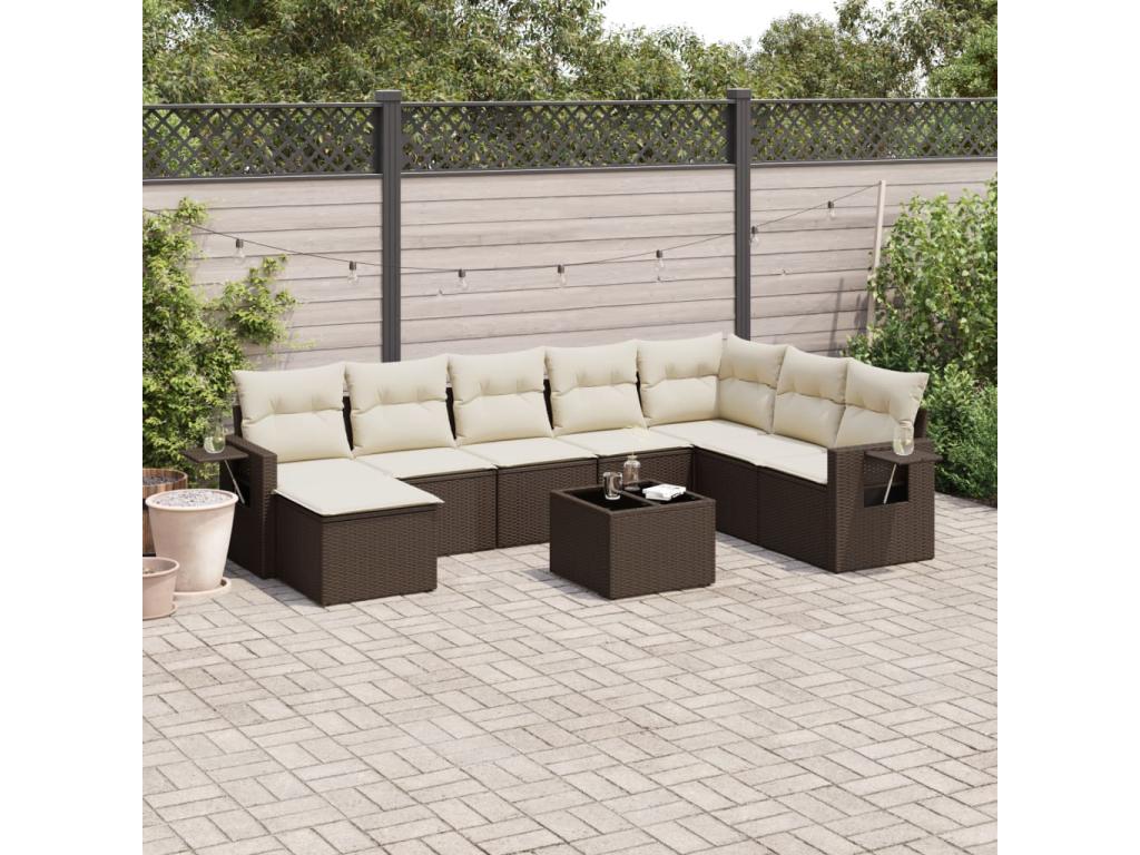 Garden furniture set with cushions, 9 pieces, brown woven resin, JQIP68540