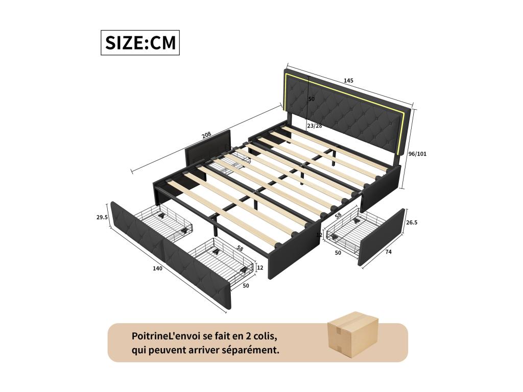 Double bed 140x200cm with LED and 4 drawers - faux leather fabric - Black YFDP80177