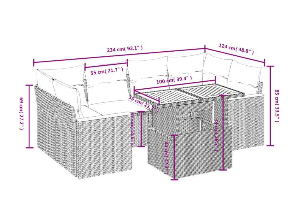 7-piece garden furniture set with cushions, black woven resin HSPD99438