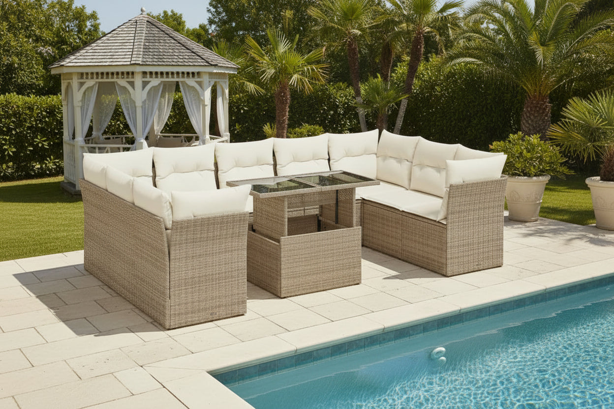 Garden furniture set with cushions, 10 pieces, beige woven resin, FAPV91224