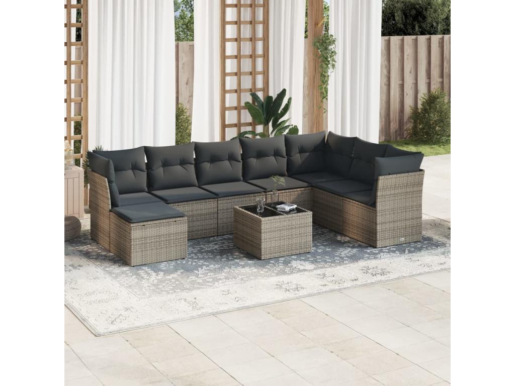 9-piece garden furniture set with grey resin wicker cushions NBTK27655