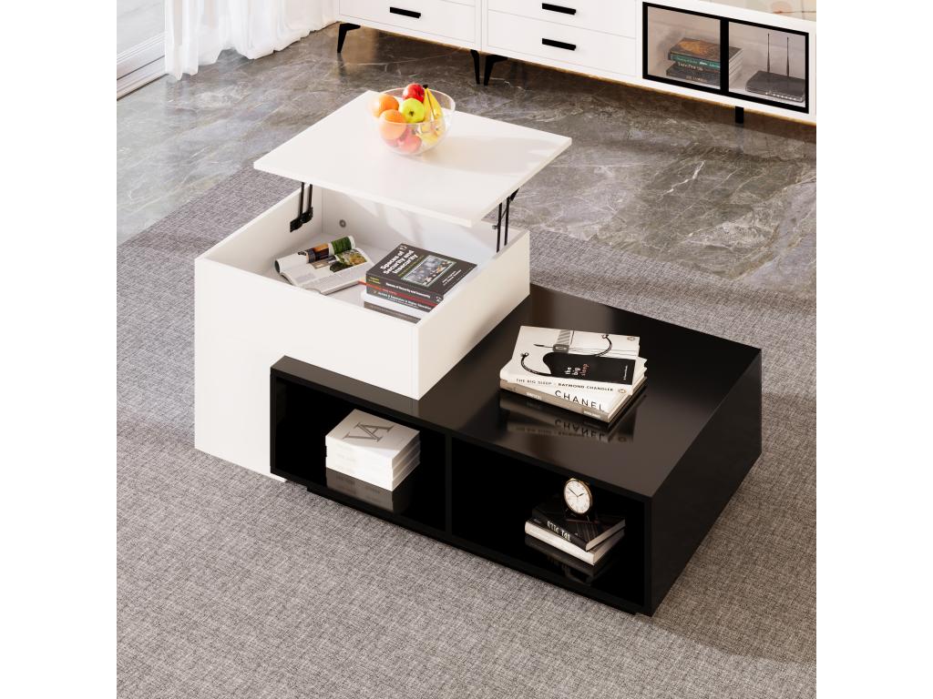 Combined coffee table with lift-top and compartments - Particleboard - Black and white BTQJ86330