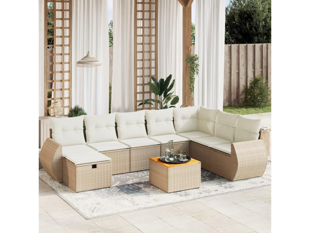 9-piece garden furniture set with cushions, beige woven resin WLLJ24712